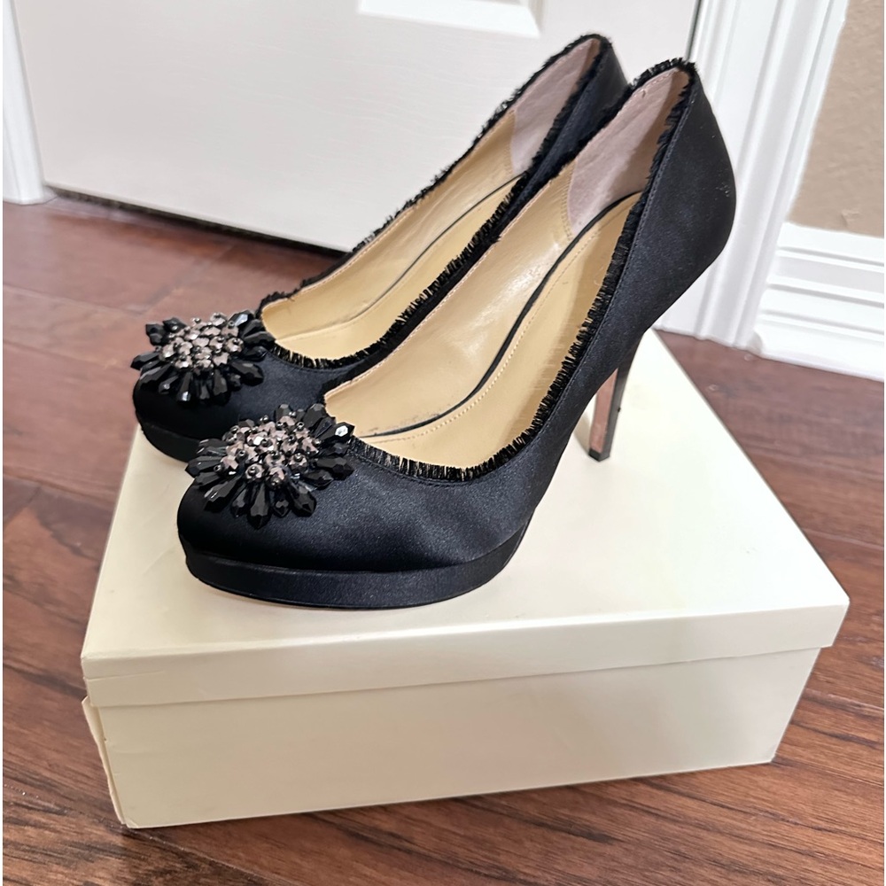 Coach Bergen Black Satin Heels sz 9.5 B Stiletto Platform Baby Doll Beaded